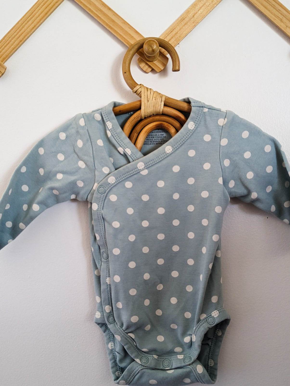 H&M Organic Cotton Long Sleeve Wrap Bodysuit in Blue Polka Dots (2-4)