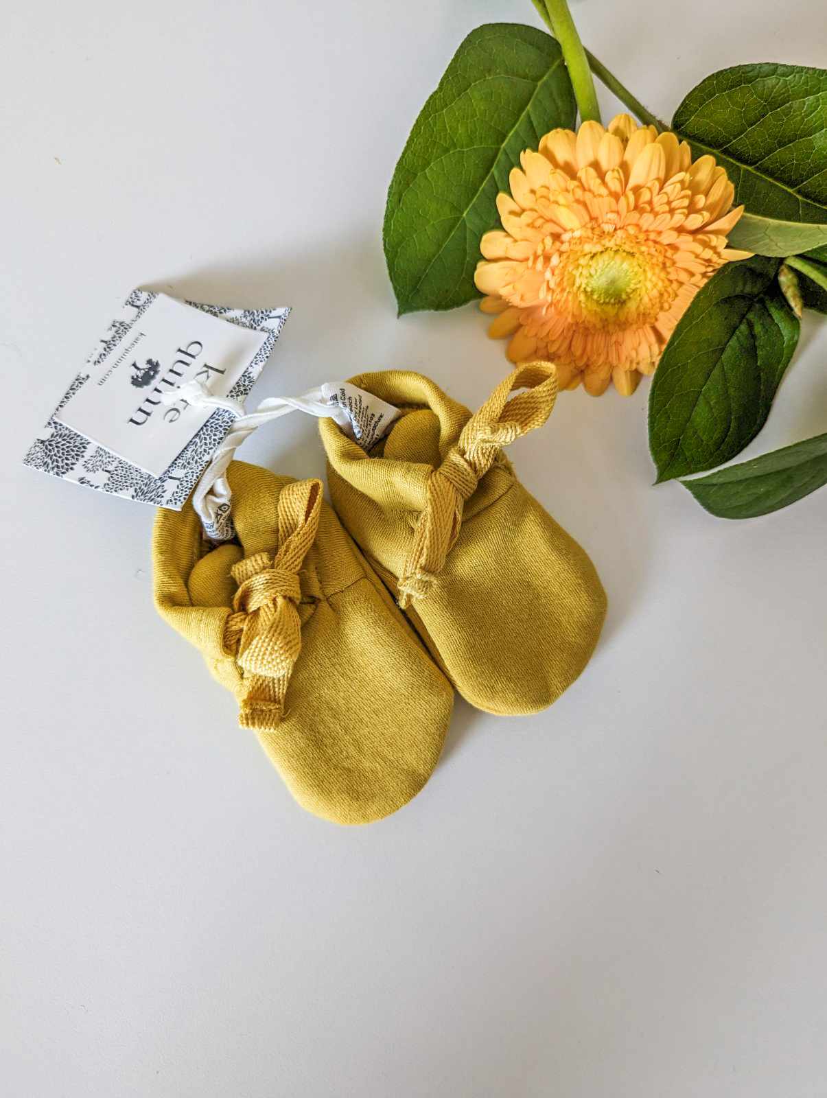 Kate Quinn Organic Cotton Tie Booties in Mustard (0-3m)