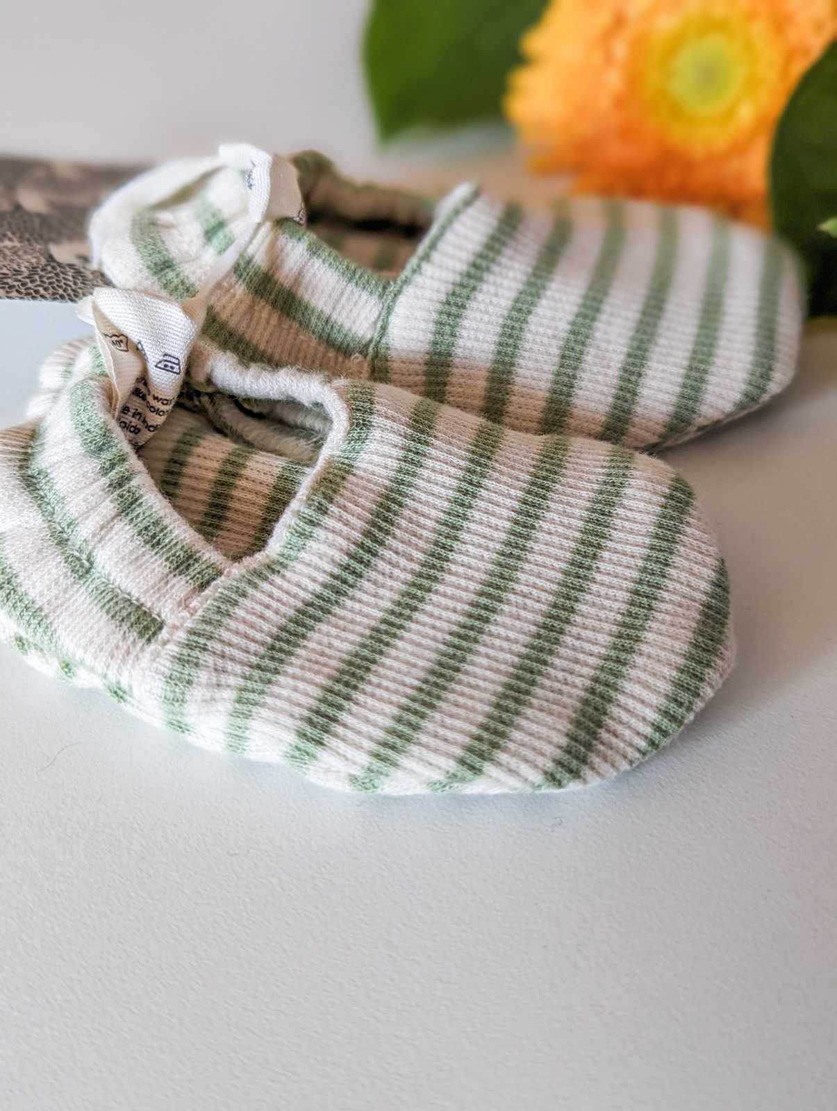 Kate Quinn Organic Cotton Booties in Green Stripe (3-6)