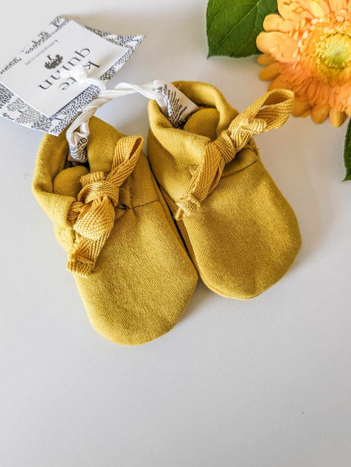 Kate Quinn Organic Cotton Tie Booties in Mustard (0-3m)