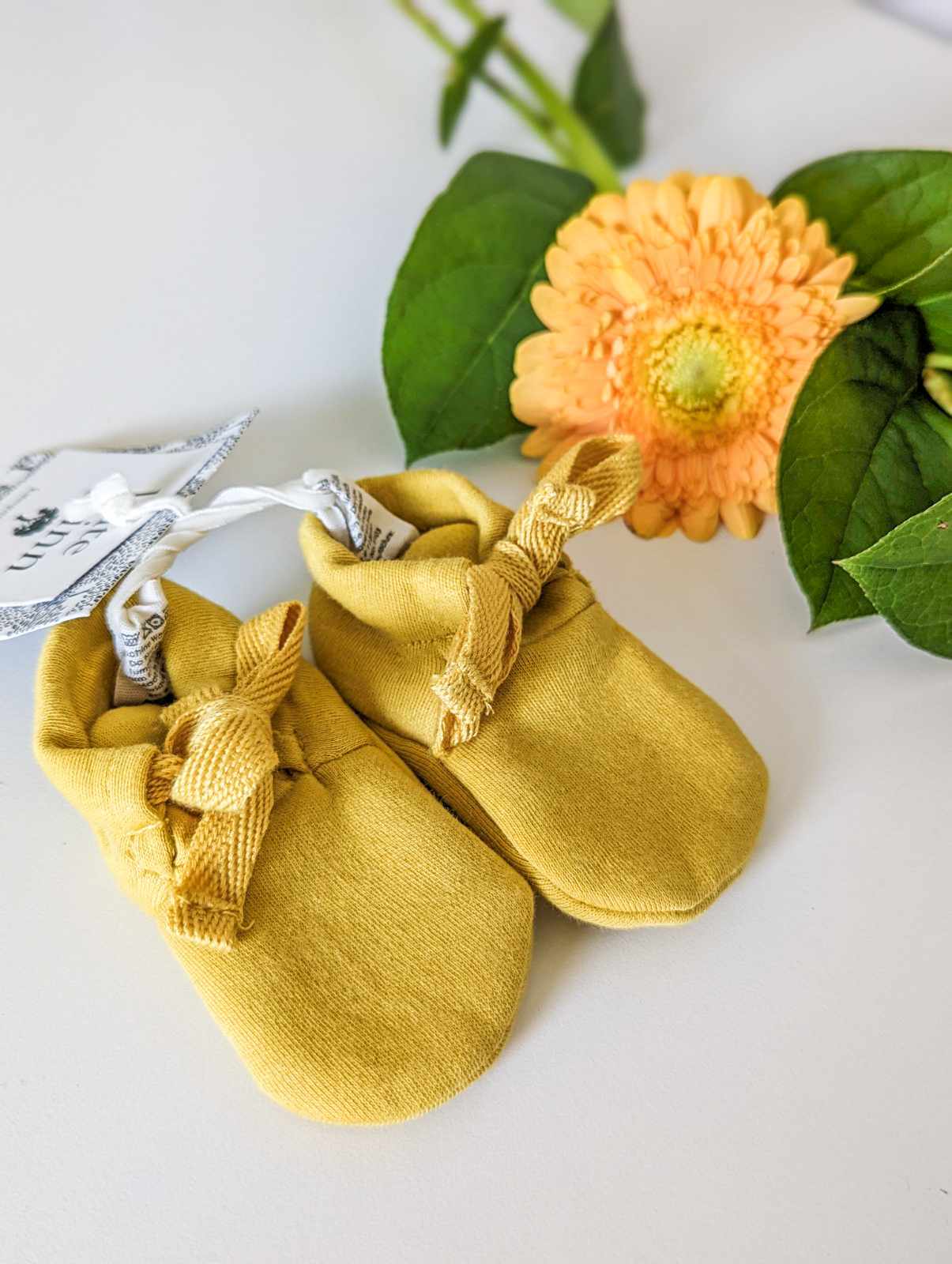 Kate Quinn Organic Cotton Tie Booties in Mustard (0-3m)