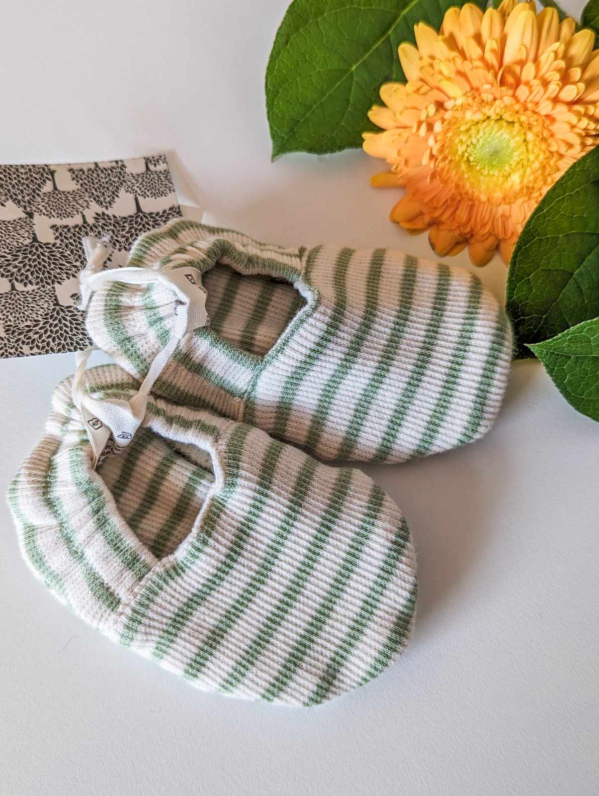 Kate Quinn Organic Cotton Booties in Green Stripe (3-6)