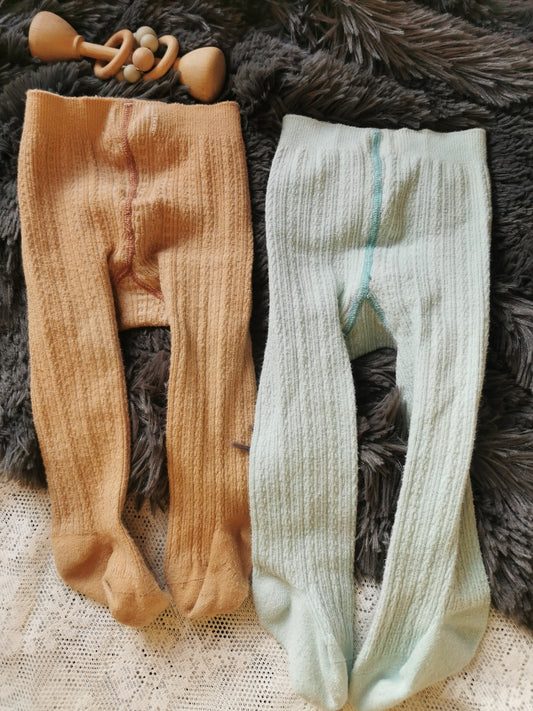 Cable Knit Tights in Tan and Blue (6-12)