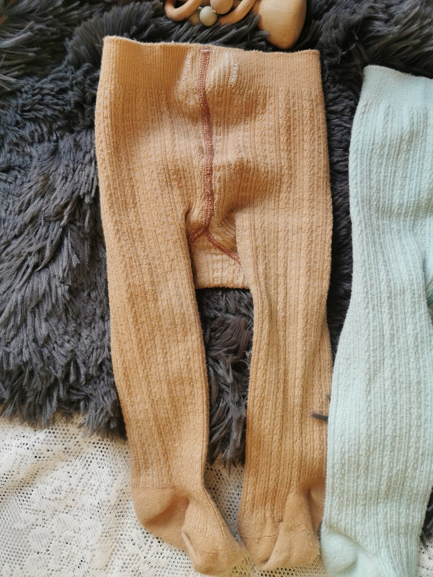 Cable Knit Tights in Tan and Blue (6-12)