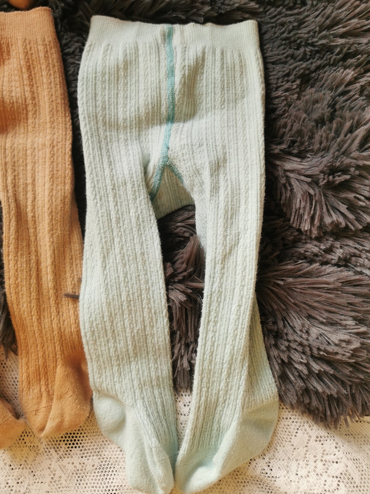 Cable Knit Tights in Tan and Blue (6-12)