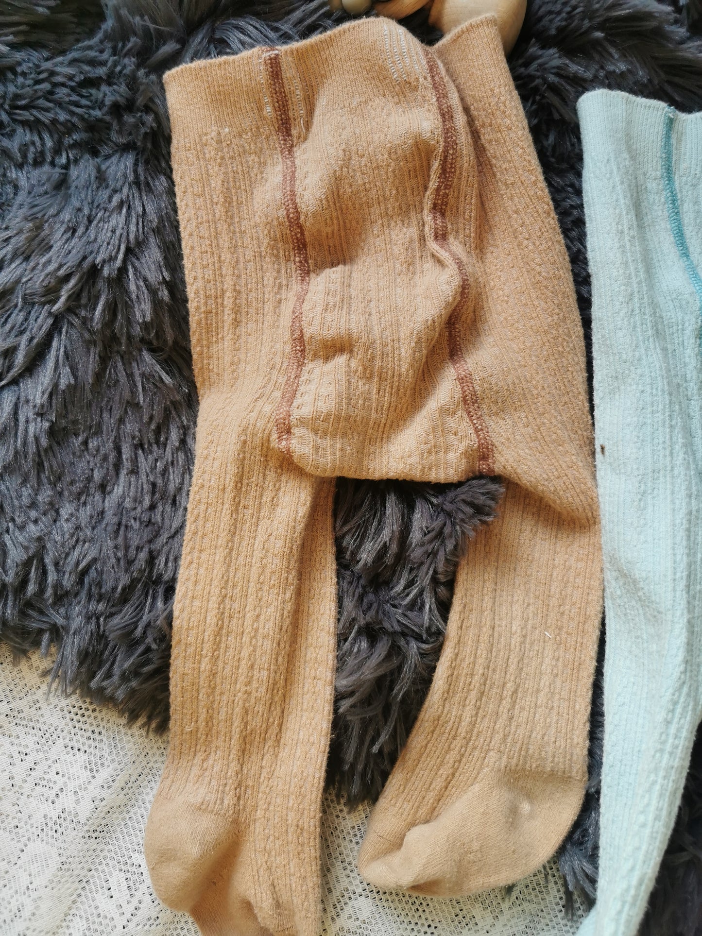 Cable Knit Tights in Tan and Blue (6-12)